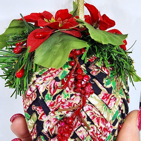 VTG Huge Handmade Herringbone Cloth Navy Pink Gold Christmas Holiday Ornament - Picture 10 of 12